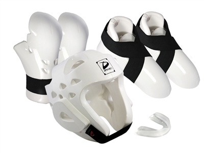 White ProForce Sparring Gear Pads Set Helmet Hand Foot Guards Taekwondo Foam 